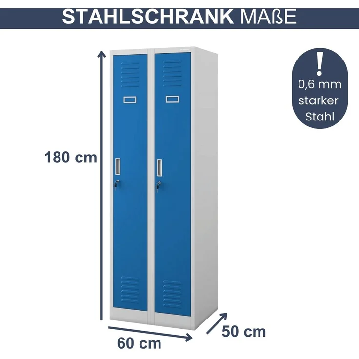 Umkleideschrank Spind WIEN - 2 Abteile, Etikettenhalter Lüftungsschlitze | Umkleidespind Metall Schließfachschrank Garderobenspind, 180x60x50cm Grau-Blau – Bild 2