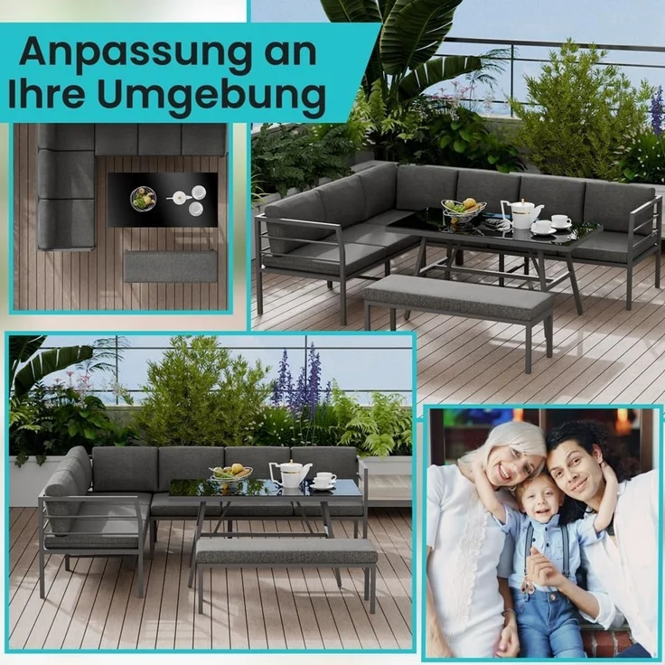 Melko Garten-Essgruppe Essgarnitur Aluminium Glastisch Sitzbank Sitzgruppe wetterfest Ecksofa, (wetterfest, resistent gegen Regen, Salzwasser und intensive Sonneneinstrahlung, 3-tlg, inkl. 6 wasserabweisende Sitz- und 7 Rückenkissen für mehr Komfort), ... – Bild 4