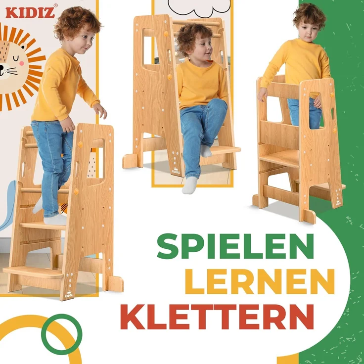 KIDIZ® Lernturm für Kinder ab 1 Jahr inkl. Lernuhr | 3-stufig Höhenverstellbarer Tritthocker aus Kiefernholz | spielerisch motorische Fähigkeiten fördern Montessori Learning Tower bis 50 kg belastbar Hellbraun – Bild 5