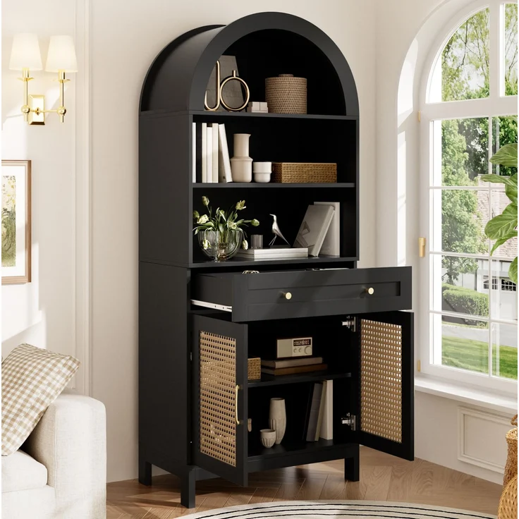 DESVIAE Vitrine Schwarz-Holzoptik – 70x170x40 cm – Rattantüren, Schublade – Bild 1