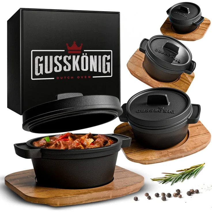 4er Mini Dutch Oven Set aus Gusseisen – mit Holzuntersetzern & Rezeptbuch, 300 ml Portionsgröße, für Grill, Backofen & Herd – Bild 1