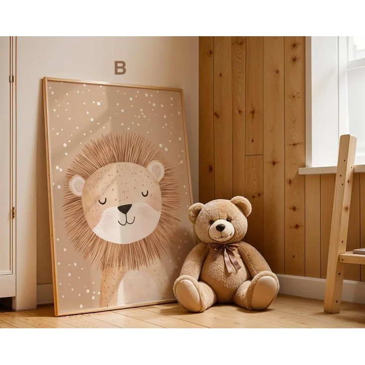 Boho Babyzimmer Poster · Giraffe, Löwe, Bär, Biene, Schwein, Schaf · Niedliche Tier Wandkunst · Skandi Stil ·Pastell· Deko Print ohne Rahmen - 13 x 18 cm / B Löwe