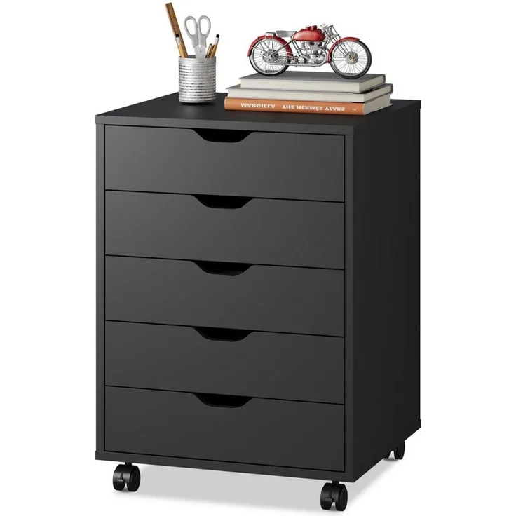 DEVAISE Rollcontainer Mobiler Aktenschrank mit 5 Schubladen & Tür, (47 x 40 x 65 cm), abschließbar, Druckerständer, für Homeoffice, Büro