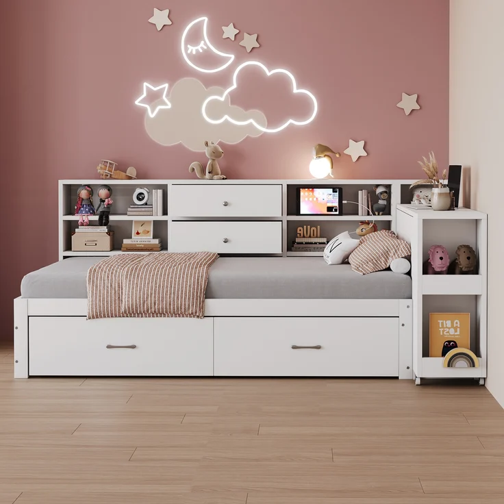 Holzschlafsofa, multifunktionaler Stauraum, verdeckte Staufächer und Regale, 2 große Schubladen, Steckdose, ausziehbarer Schreibtisch, Einzelbett, Jugendbett, Holzbett, Holz, Weiß, 90×200 cm – Bild 3