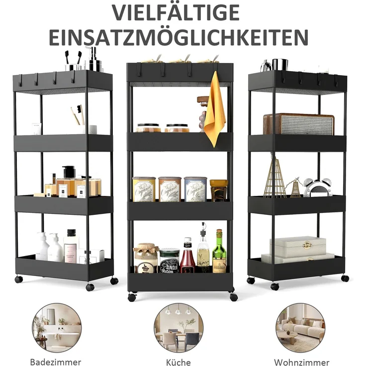 Küchenwagen mit 4 Regalen, 4 flexiblen Haken, 4 Rollen, 40 cm x 19 cm x 90 cm, Nischenwagen, Schwarz--Schwarz--40x19x90cm--YOUDENOVA – Bild 8