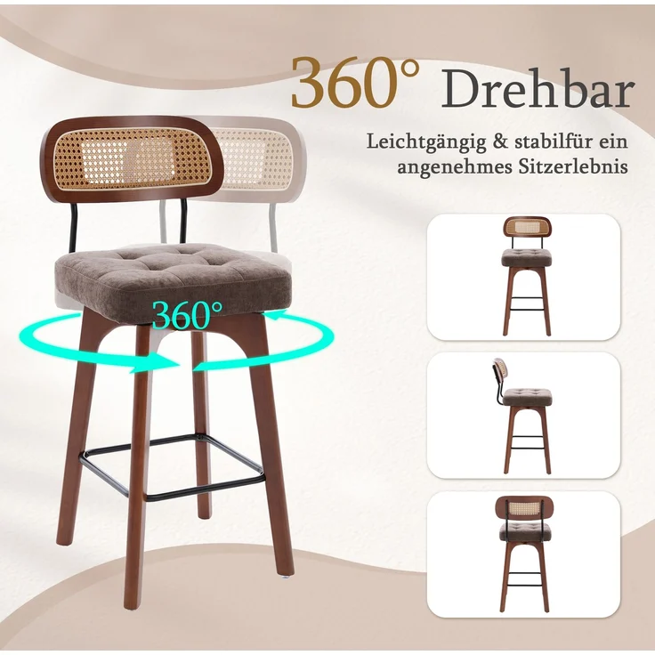 2er-Set um 360° drehbare Barhocker, Küchen- und Frühstücksbarhocker mit Rückenlehne, Rückenlehne aus Rattan mit gepolsterter Sitzfläche, Barhocker im modernen Mid-Century-Stil(Braun, Chenille)--Kaffee--51x44x96cm--YOUDENOVA – Bild 4
