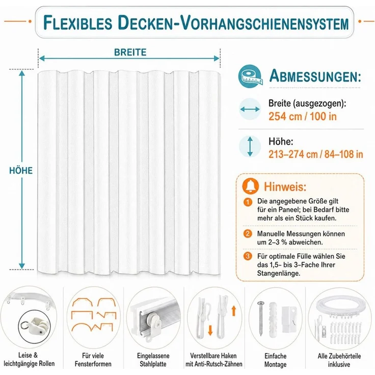 SERBASIC Verdunkelungsvorhang XXL Verdunkelungsvorhang mit Deckenschiene, 254 cm breit, 1-teilig (1 St), Hakenaufhängung, verdunkelnd, Polyester, Biegsame Schiene, dichter Stoff und Zubehör für flexible Raumteilung – Bild 4