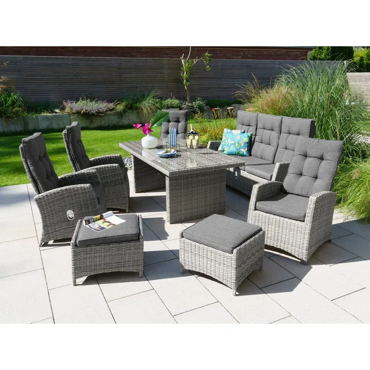 KONIFERA Garten-Essgruppe Monaco, (Set, 24-tlg, 4x Sessel, 1x 3er Sofa, 2x Hocker, 1x Tisch 200x100x75cm), Polyrattan, Aluminium, mit verstellbaren Rückenlehnen, inkl. Auflagen
