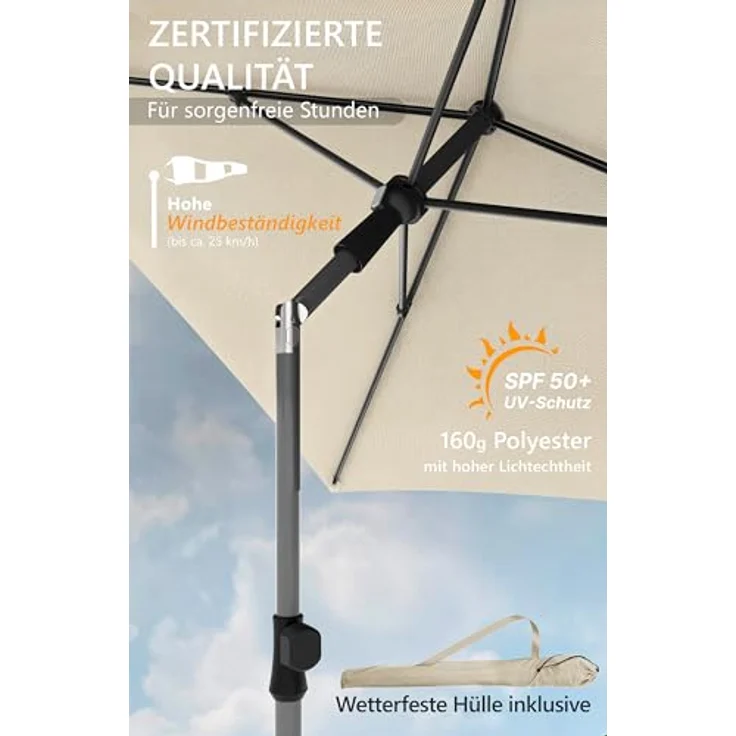 4smile Sonnenschirm Balkon 200x125 cm mit Schirmhülle, Anthrazit - UV50+ Sonnenschirm rechteckig knickbar höhenverstellbar, Sommer Schirm für Sonnenschutz Balkon als Ersatz für Ampelschirm – Bild 7