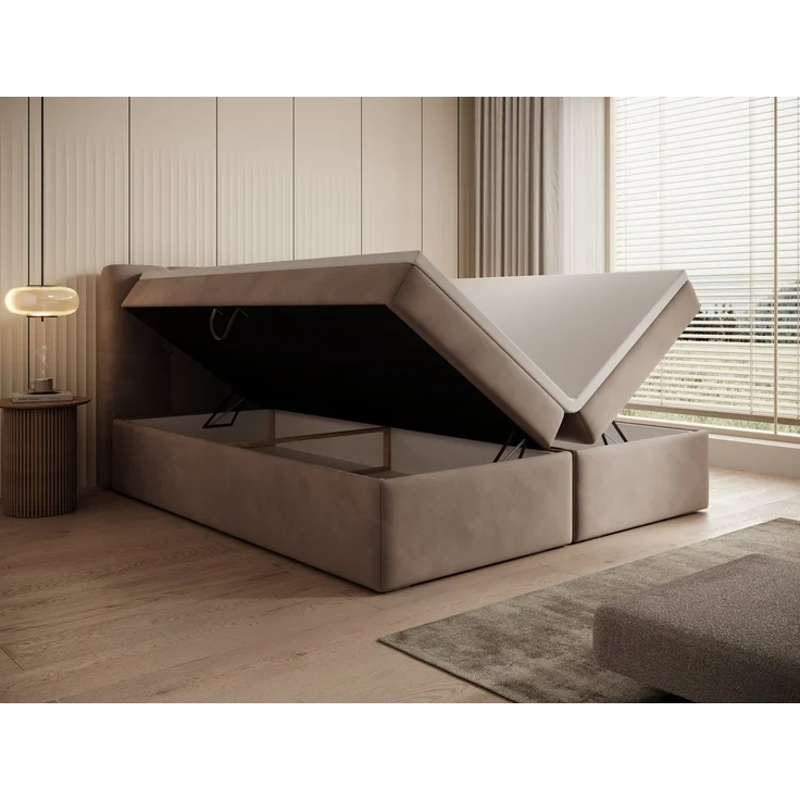 thematys Boxbett Luxus mit Bettkasten 160x200cm, mit Bonnellfederkernmatratze H3, Bouclé/Velours, mit Stauraum, mit 3 cm Topper, Beige (Holland 91), Art.-Nr. S0WGG0AN0P5 – Bild 5