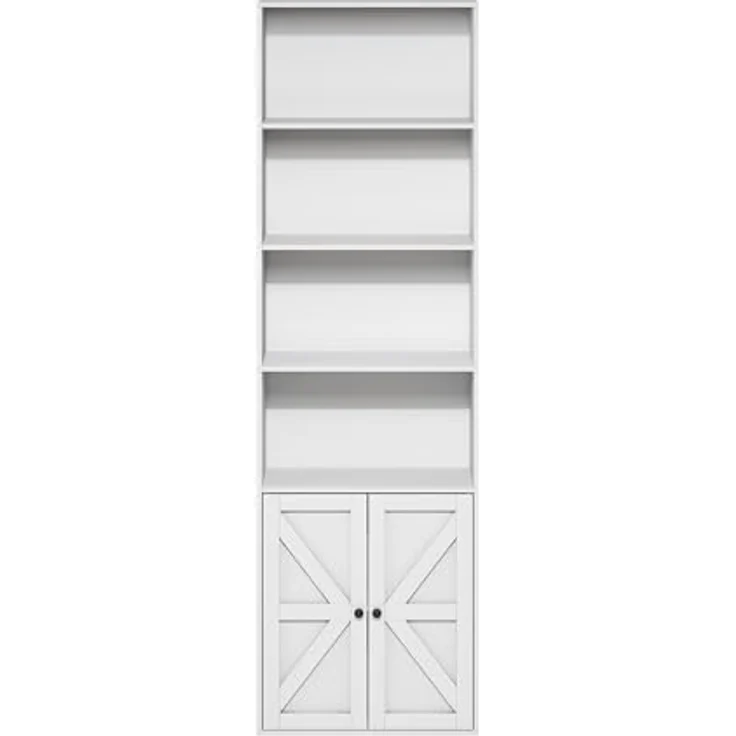 Furinno Jensen Landhausstil 6-stöckiges Ausstellungsregal, Bücherregal mit Türen, Weiß – Bild 6
