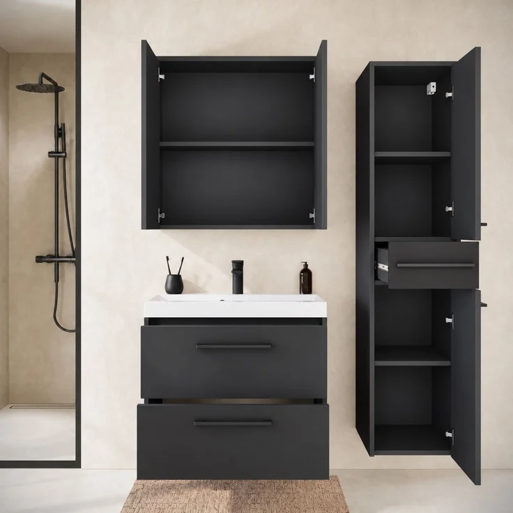 Badmöbel Komplettset Florence 60 x 35 cm Schwarz Matt - Badezimmermöbel mit Waschbecken, Spiegel und Badezimmerschrank – Bild 6