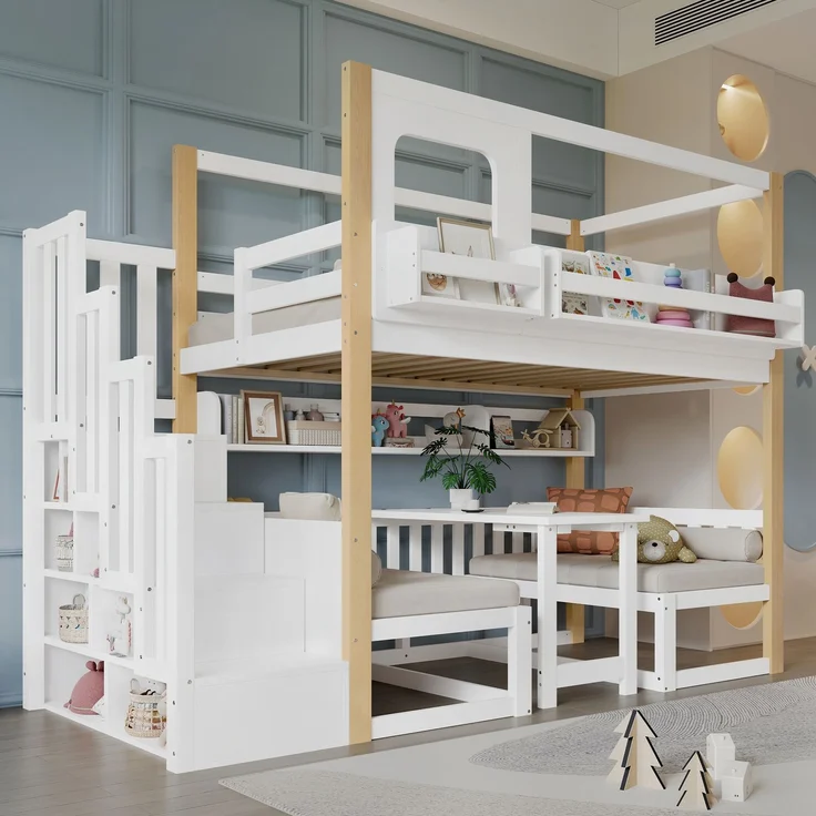 Merax Etagenbett, 90x200cm Kinderbett, Multifunktionaler höhenverstellbarer Tisch, mit einem kleinen Bücherregal am Bettrand, Stabile Aufbewahrungstreppe, Weiß+Natur – Bild 2