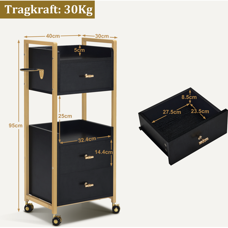 M MCombo Friseurwagen mit Rollen & 3 Schubladen, Rollwagen Servierwagen, Salon Trolley mit 2 Ablagen & Föhnhalter, Moderner Arbeitswagen für Bad Wohnzimmer, 30x40x95cm, 0022 (Schwarz-Gold) – Bild 2