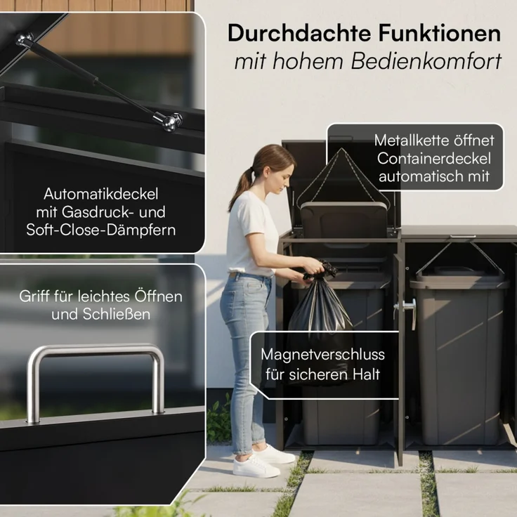 STEELSØN 'Diorus' Mülltonnenbox 5er je 240 Liter, graphitschwarz, Mülltonnenverkleidung aus Stahl mit Sichtstreifen, wetterfest, 116x80x337 cm, abschließbare Müllbox für 5 Tonnen – Bild 3