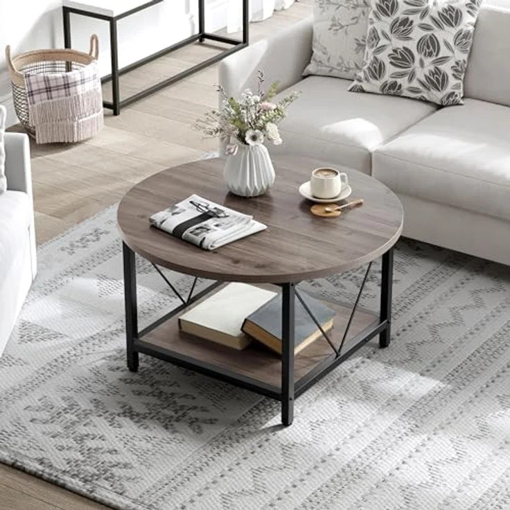 YITAHOME Runder Couchtisch, 80 x 80 x 46 cm Rustikaler Wohnzimmertisch aus Holz für Wohnzimmer mit Ablage, Moderner Bauernhaus Couchtisch mit Stabilen Metallbeinen, Heimmöbel – Bild 7