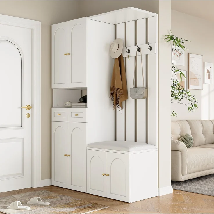 DESVIAE Garderobenschrank-Set mit Schuhbank, 110x180x37 cm, Spanplatte Weiß, 2 Schubladen und 4 Haken – Bild 5