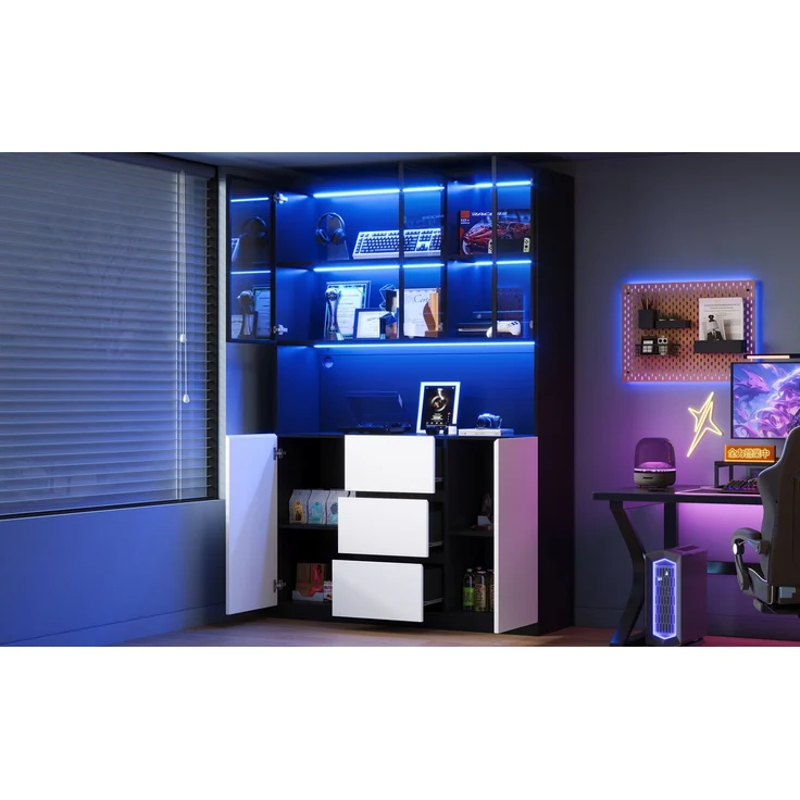 ZUBALIYA LED-beleuchtete Glasvitrine 120×40×200 cm – Vitrine aus gehärtetem Glas mit offenen Regalen, drei Schubladen und zwei Türen. Ein vielseitiger Schrank, der sich für Wohn- und Esszimmer eignet. – Bild 13