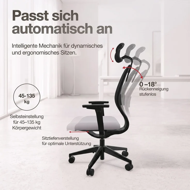 ASSMANN Ergonomischer Bürostuhl Atessa mit Netzrücken und Kopfstütze Hellgrau 63x53x121cm Textil – Bild 4