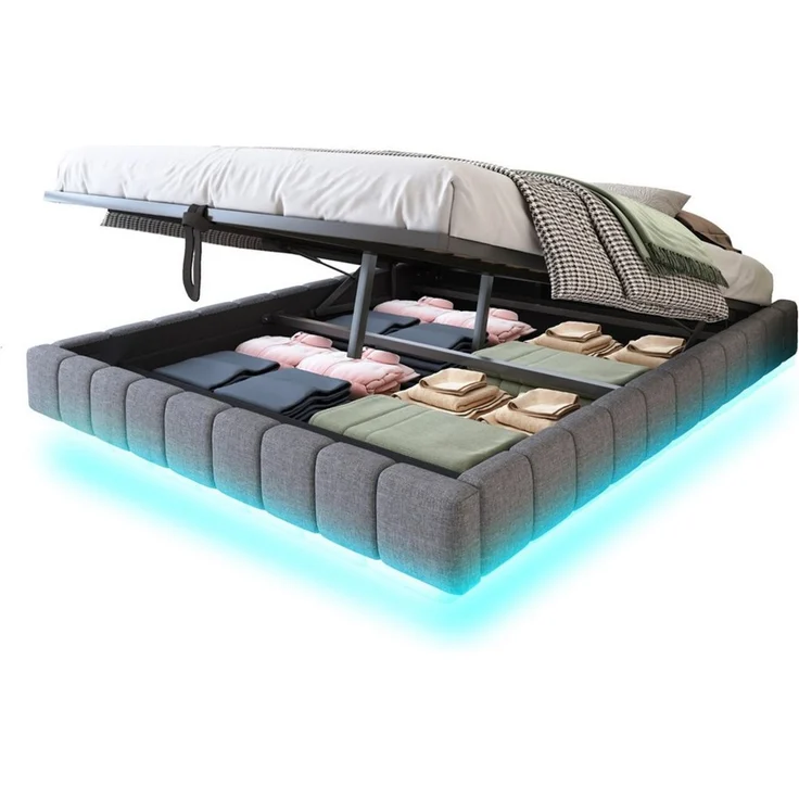 Odikalo Stauraumbett Polsterbett Hydraulisch Schwebebett LED Leinen Beige/Grau 140-180cm – Bild 5