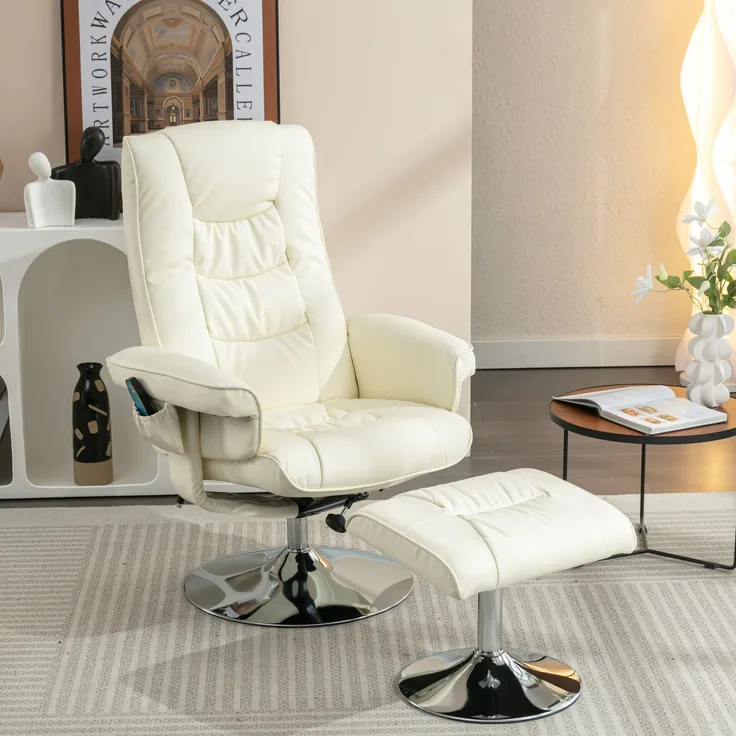Massagesessel aus PU-Leder mit Fußhocker, Heizfunktion & 360° Drehung, 79x79x106 cm, Beige