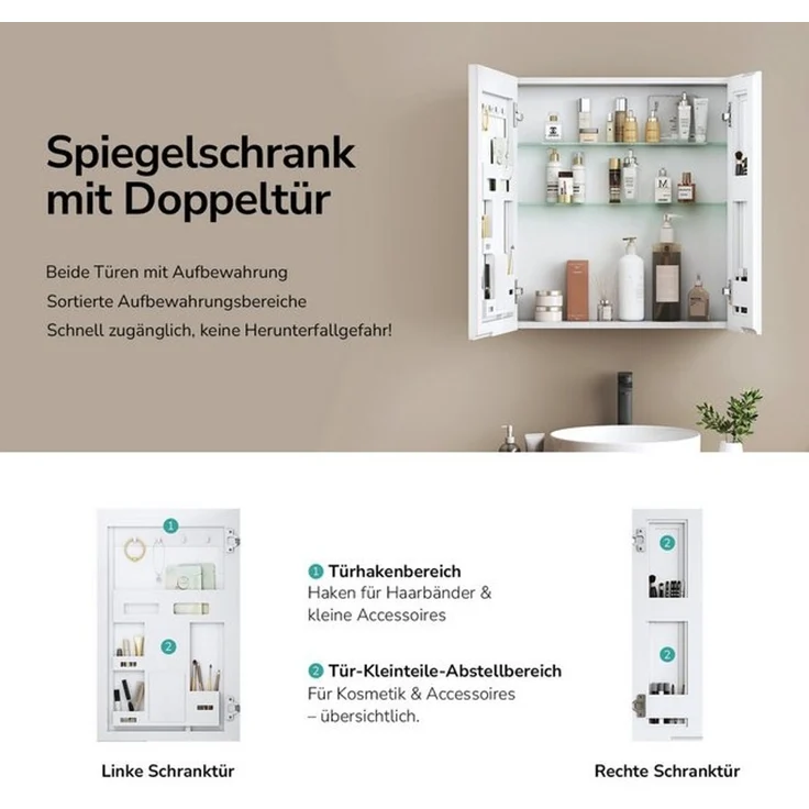 EMKE Spiegelschrank bad 60X65cm 2-türig Badezimmer Spiegelschrank Verstellbare Trennwand mit Stauraum und verstellbaren Regalen Badspiegelschrank für Bäder – Bild 4