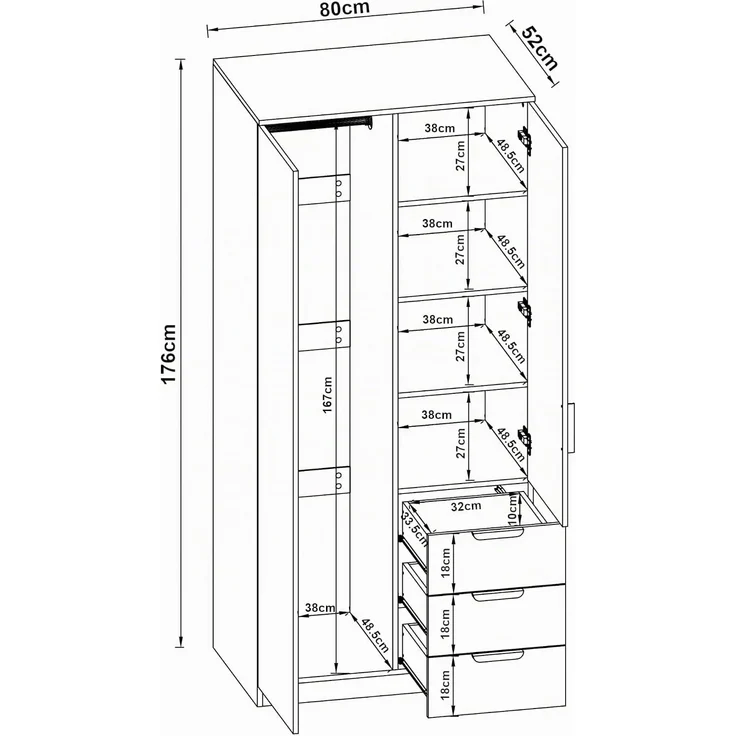 Kleiderschrank Eiselfing 176x80x52 cm 3 Schubladen Grau [en. casa] – Bild 2