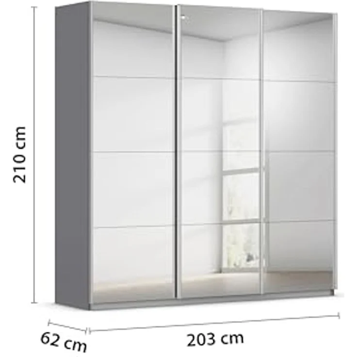 Rauch Möbel Kulmbach, Kleiderschrank mit Schwebetüren für Schlafzimmer, Kinderzimmer, Jugendzimmer, Garderobe, Flur, 3-türig, mit Spiegel, Zubehör Basic, Farbe Grau metallic, Schwarz, Breite 203 cm – Bild 3