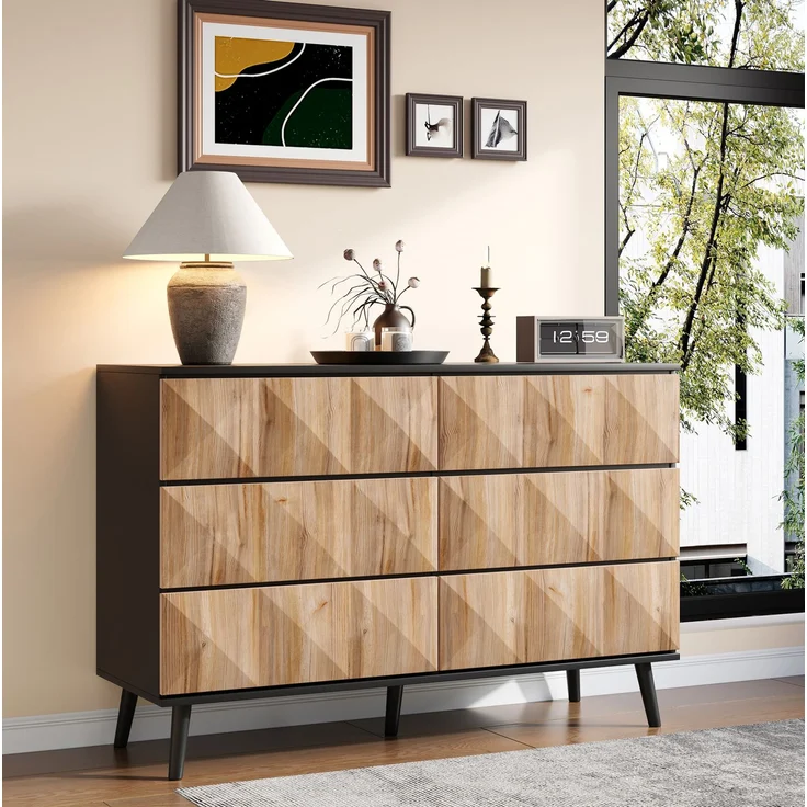 DESVIAE Sideboard mit 6 Schubladen 120x85x40 cm aus MDF und Spanplatte Schwarz/Natur – Bild 5