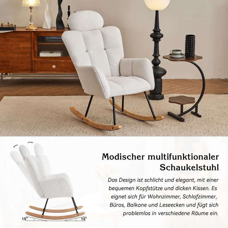 Teddy-Schaukelstuhl mit Kopfstütze, ergonomisch, leise & stabil, Holzrahmen mit Metallbasis, ideal für Wohnzimmer – Bild 4