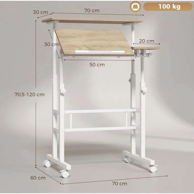 Steh-Sitz-Schreibtisch, höhenverstellbar, 70 x 60 cm, Rollen, neigbare Tischplatte, brauner Metallrahmen – Bild 5
