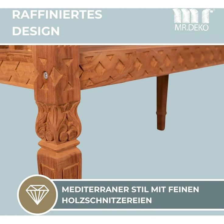 MR. DEKO Gartenbank Newport – Teakholz Bank 120 cm, geschnitzt, mediterran (2-Sitzer Bank, zerlegt geliefert, ideal für Terrasse, 1-St), Massive Sitzbank Garten und Balkon, 250 kg belastbar – Bild 5