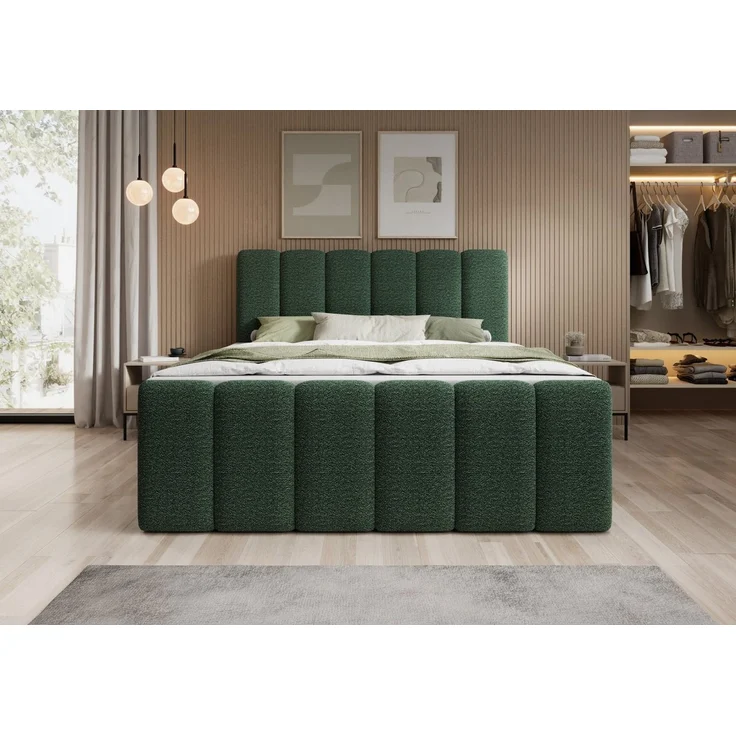 thematys Boxbett mit Bettkasten 180x200cm, mit Bonnellfederkernmatratze H3, Bouclé/Velours, mit Stauraum, mit 3 cm Topper, Grün (Fredo Prime 25) – Bild 2