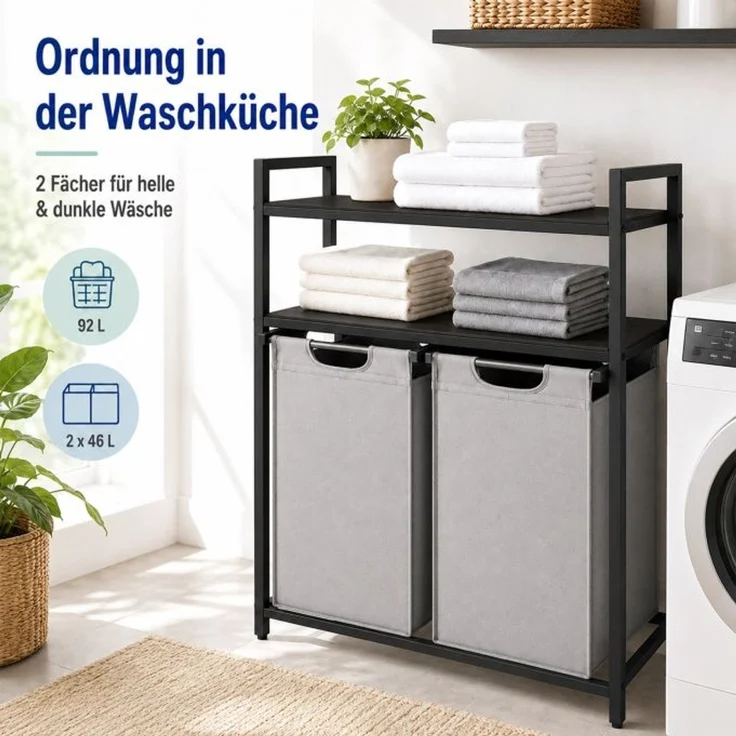 Relaxdays Wäschekorb mit 2 Fächern & Ablagen – Bild 2