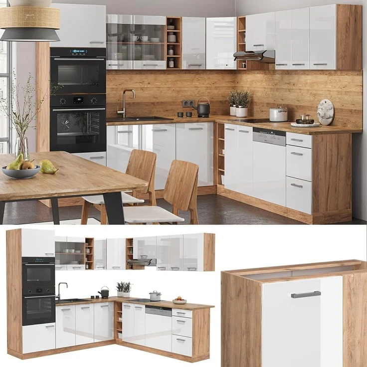 Eckküche R-Line Weiß Hochglanz/Goldkraft Eiche 247 x 237 cm ohne Arbeitsplatte Vicco – Bild 4