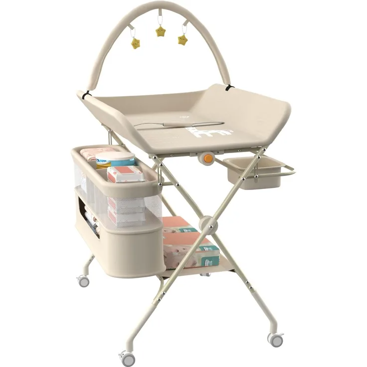 Wickeltisch, 3-in-1, Wickelkommode für Baby, von Geburt bis 12 Monate (bis 25 kg), Wickeltisch, faltbar, tragbar, Wickeltisch für Babys, mit 4 Rollen,75 x 68 x 83–91 cm (Schwarz) Cremeweiß