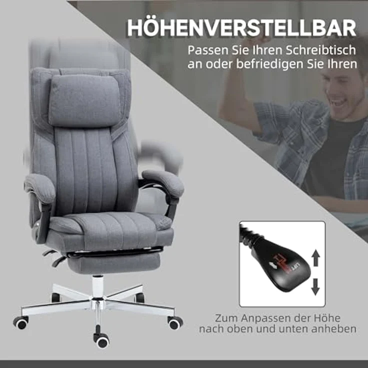 Vinsetto Bürostuhl mit Massagefunktion, Höhenverstellbar, Leinenoptik mit ausziehbarer Fußstütze und hoher Rückenlehne – Bild 5