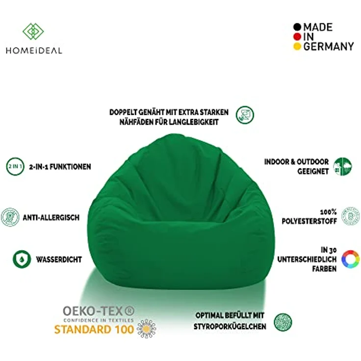 HomeIdeal - Sitzsack XXL Bodenkissen für Erwachsene & Kinder - Geeignet für Gaming oder Entspannen - Indoor wie Outdoor da er Wasserfest ist - mit EPS Perlen, Farbe:Grün, Größe:XXXL – Bild 3