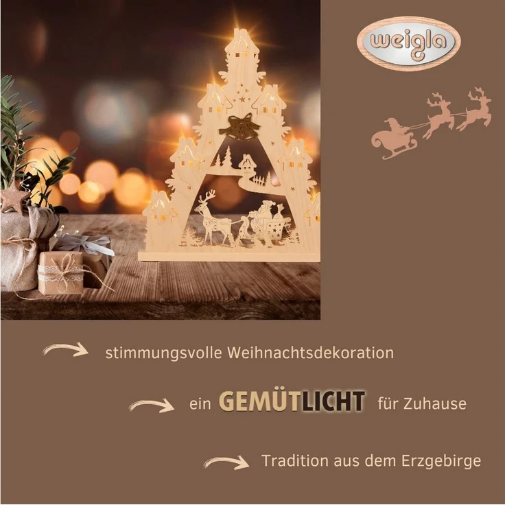 Weigla LED Schwibbogen Weihnachtsmann auf Schlitten, Lichterspitze aus Holz, Made in Germany (1-tlg), Erzgebirge garantiert, Weihnachtsdeko Innen, Weihnachtsbeleuchtung – Bild 3