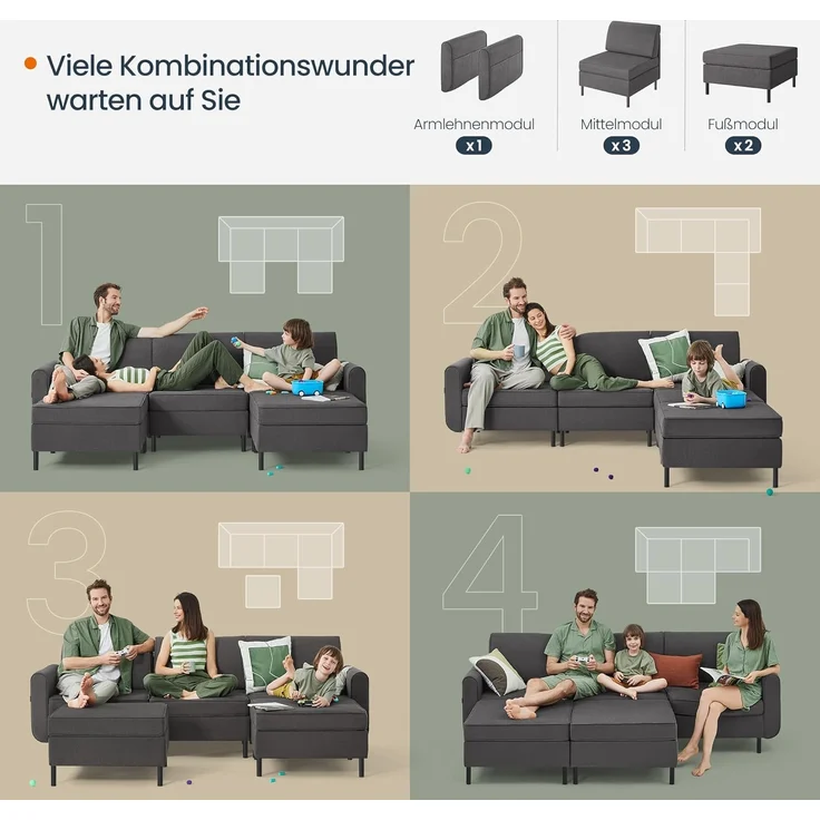 Songmics HOME - Modulares Sofa, U-förmiger Couch, 5-Sitzer, Schlafsofa mit Fußmodulen, Tiefe Sitze, hohe Füße, modern, für Wohnzimmer, schiefergrau LCS063G01 – Bild 3