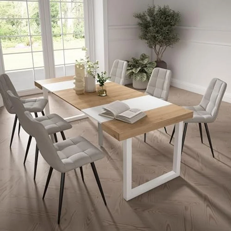 Skraut Home | Ausziehbarertisch | Multifunktionaler ausziehbarer | 220 | Für 10 Gäste | Massivholz Beine | Moderner Stil | Eiche und weiß – Bild 2
