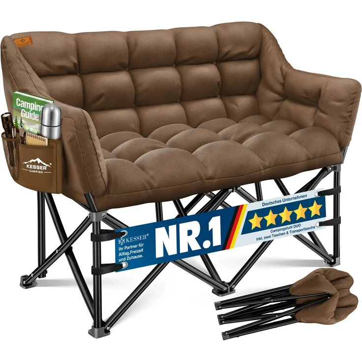 KESSER® Campingsofa faltbar 2 Personen - 300 kg, Campingcouch breit, gepolstert mit Seitentaschen & Tasche, Faltsofa Duo, Campingstuhl Indoor & Outdoor, Camping, Festival, Angeln & Garten – Braun – Bild 1