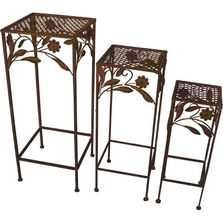 Hocker Set 3tlg. Gartendeko Eisenhocker Pflanzenständer Blumenhocker Antik Braun