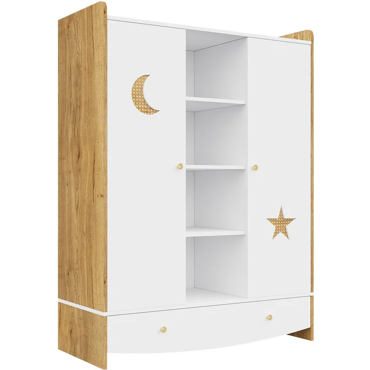 CHICFURN Kleiderschrank mit 2 Kleiderstangen, Schublade und Rattan-Elementen Natur+Weiß 120x50x160 cm – Bild 8