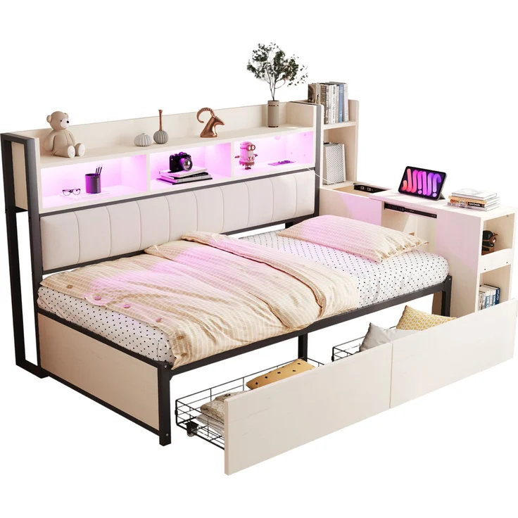 Bett 90x200 cm mit Stauraum und ausklappbarem Schreibtisch – Weiß, Metall & Holz – Bild 9