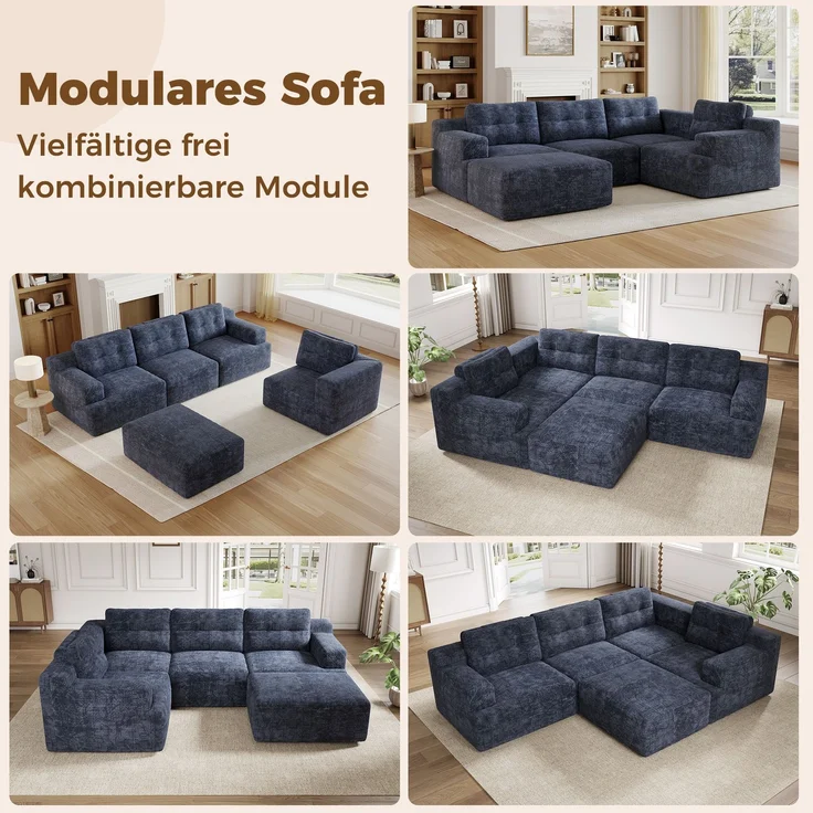 5-Sitzer modulares U-Form Sofa 252 x 180 x 82 cm aus Chenille, rahmenlos – Bild 8