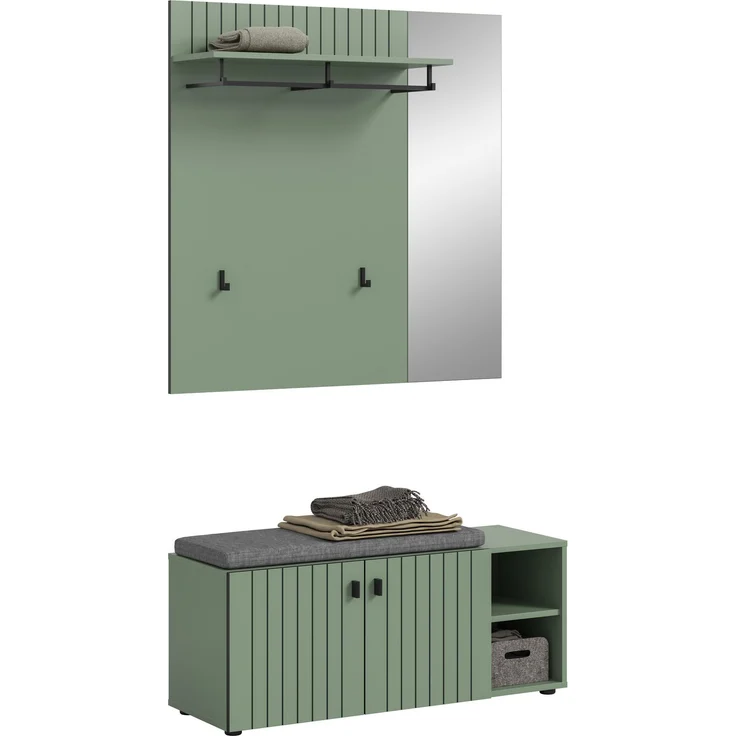 Garderobenkombination inkl. Sitzkissen (B/H/T: 106x192x37 cm) in Smoke Green Nachbildung – Bild 1