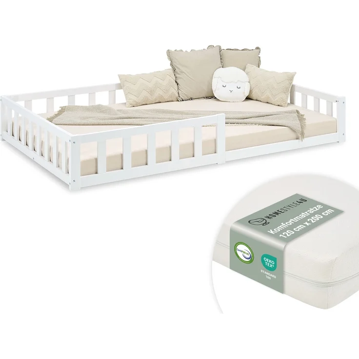 Kinderbett 120x200 mit Matratze Bodenbett mit Rausfallschutz Montessori Bett Kleinkindbett Holz Massiv Weiß Einzelbett Lattenrost – Bild 1