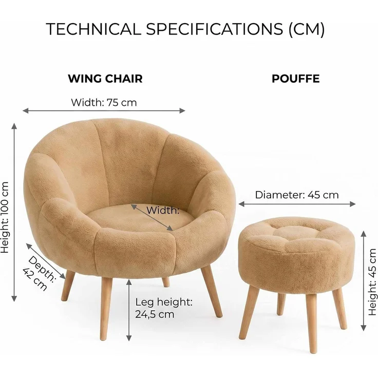 Hanah Home Elegantes Ohrensessel- und Hocker-Set (2-teilig), Braun | 100% melaminbeschichtet, 18 mm dick | Superweicher Schaumstoff, stilvoll und komfortabel – Bild 3