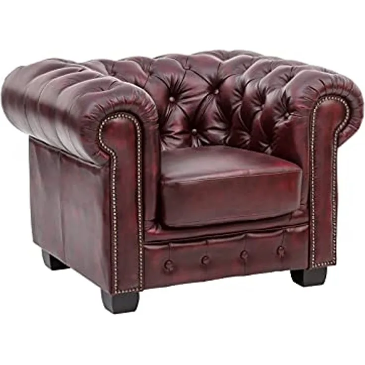 Chesterfield Sessel Echtleder antik rot 100x72x90 cm Woodkings Clubsessel Herrensessel Lesesessel Wohnzimmer Möbel Armlehnen Design